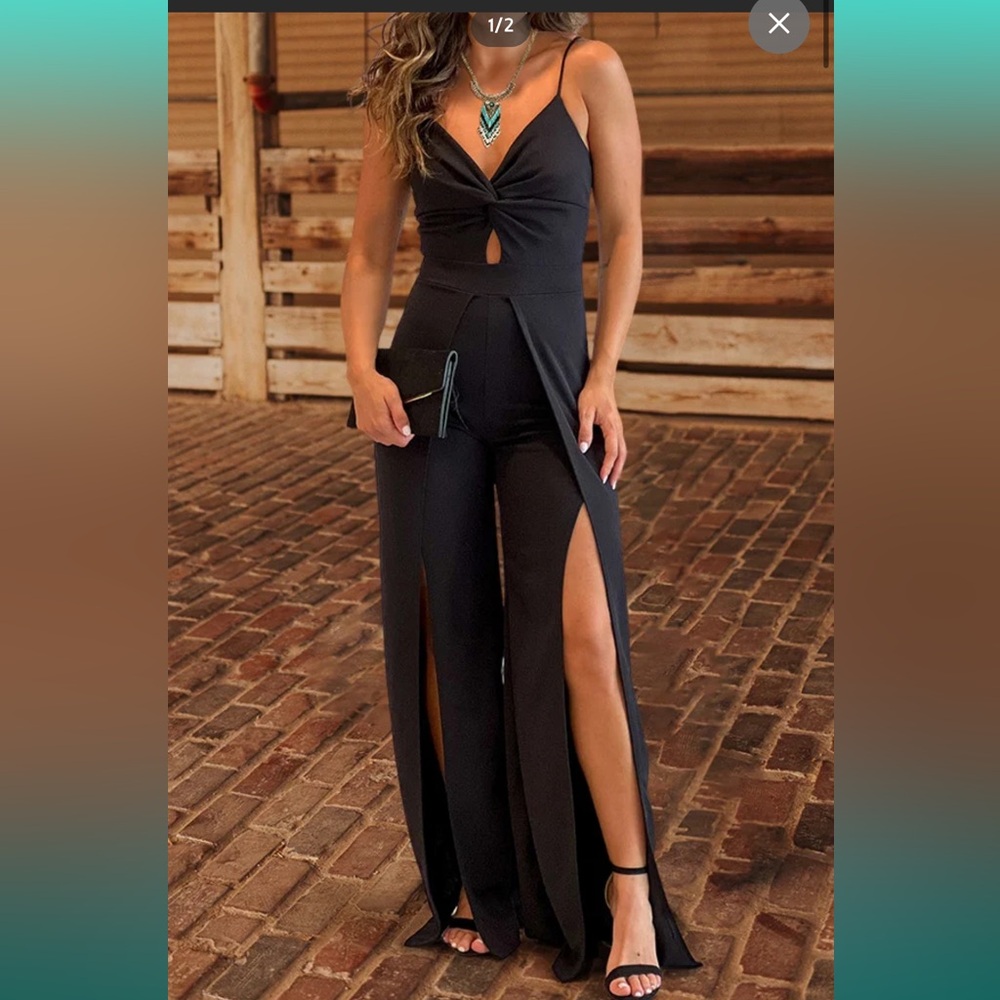 Black slit leg jump suit